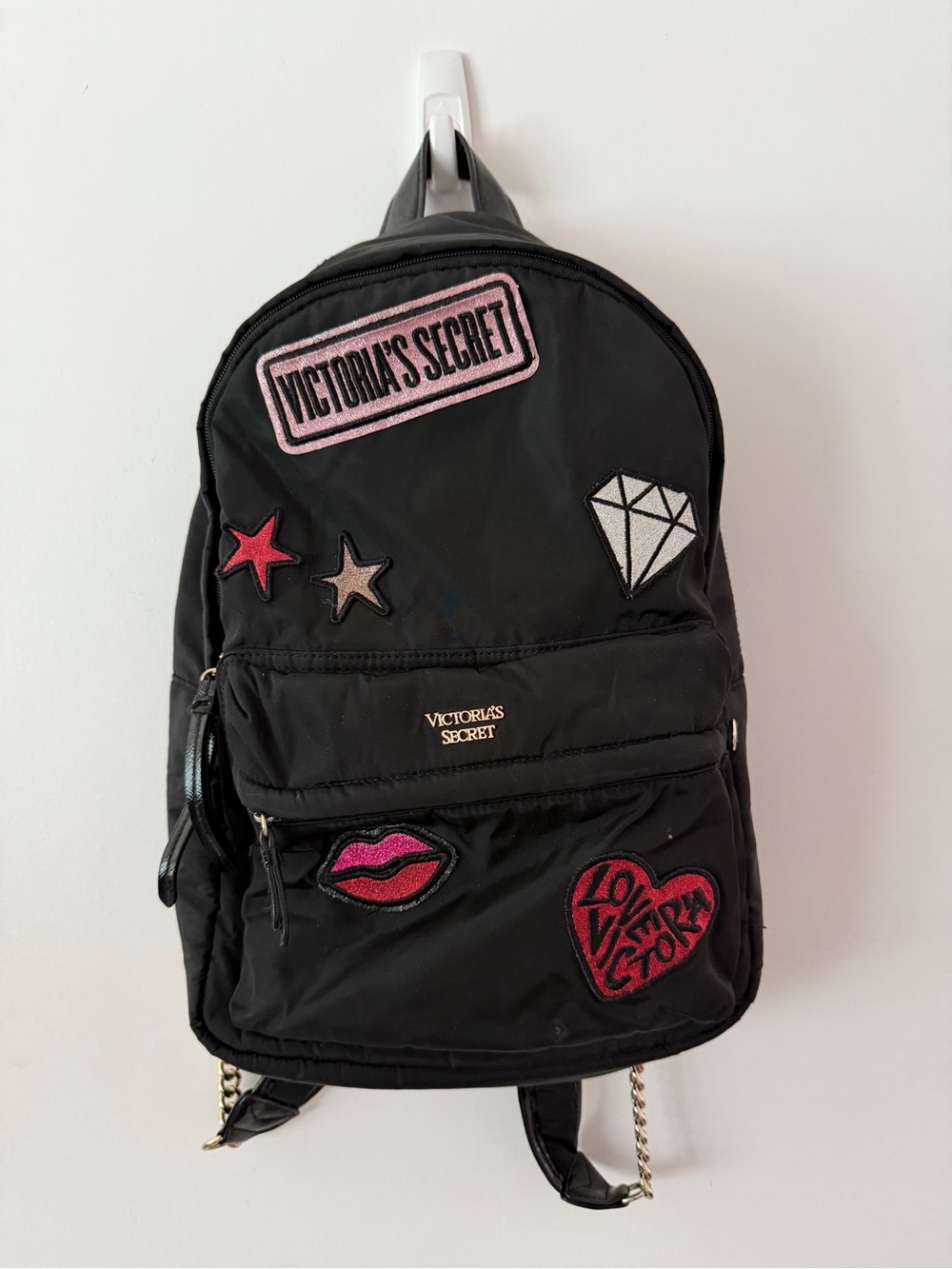 Victoria's Secret Black Backpack with Pink Patch Accents